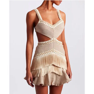 PatBo Sleeveless Metallic Knit Mini Dress with Fringe Trim Beige Gold Women's 8